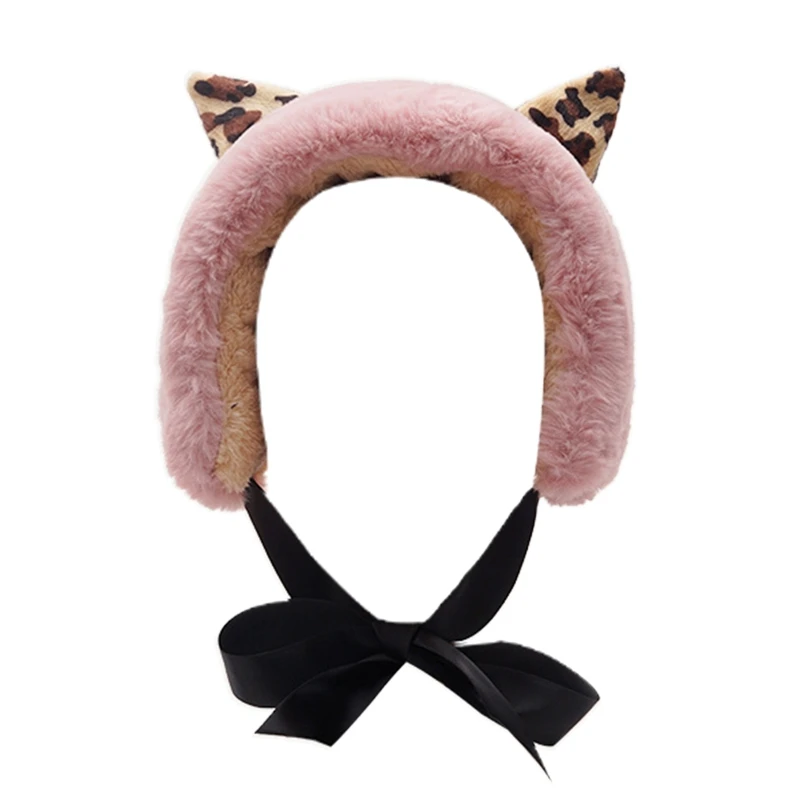 

Japanese Women Winter Thicken Fuzzy Plush Earmuffs Headband Cute Cat Ears Lace-Up Bowknot Earflap Hairband Ear Warmer