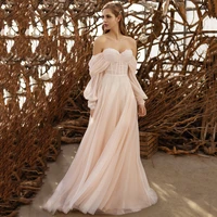 blush pink wedding dress vintage off shoulder long sleeve lace bride dresses sweetheart beach gowns 2021 gelinlik