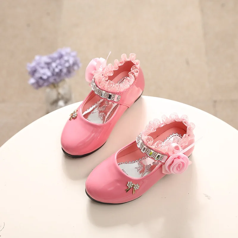 Children's Shoes For Girl Spring New Princess Lace Leather Shoes Fashion Cute Bow Rhinestone Wedding Shoes Student Party new
