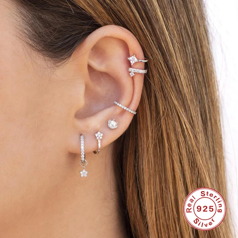 

Aide S925 Sterling Silver Stud Earrings INS Korea Fashion Six-Claw Diamond Piercing Cartilage Earring For Women Fine Jewelry