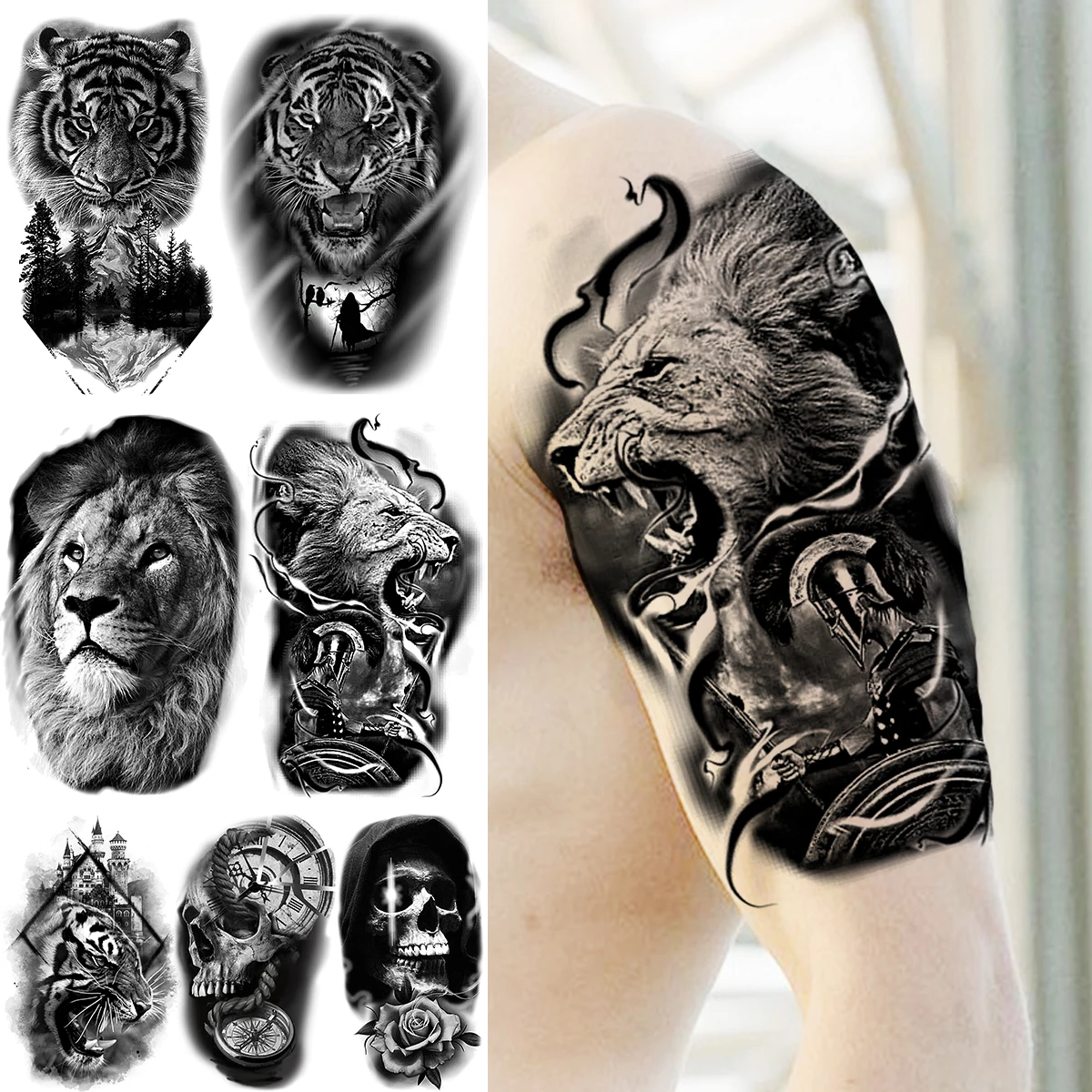 

Black Lion Knight Temporary Tattoos For Men Adults Realistic Tiger Skull Compass Rose Flower Fake Tattoo Sticker Arm Body Tatoos