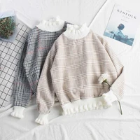 ladies pullover loose and thin plaid thick woolen sweet retro fungus lace long sleeved sweater women 2020 autumn new style