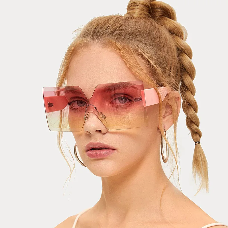 

2021 Fashion Luxury Brand Oversized Square Sunglasses Men Women Vintage Big Frame Semi-Rimless One Lens Sun Glasses UV400