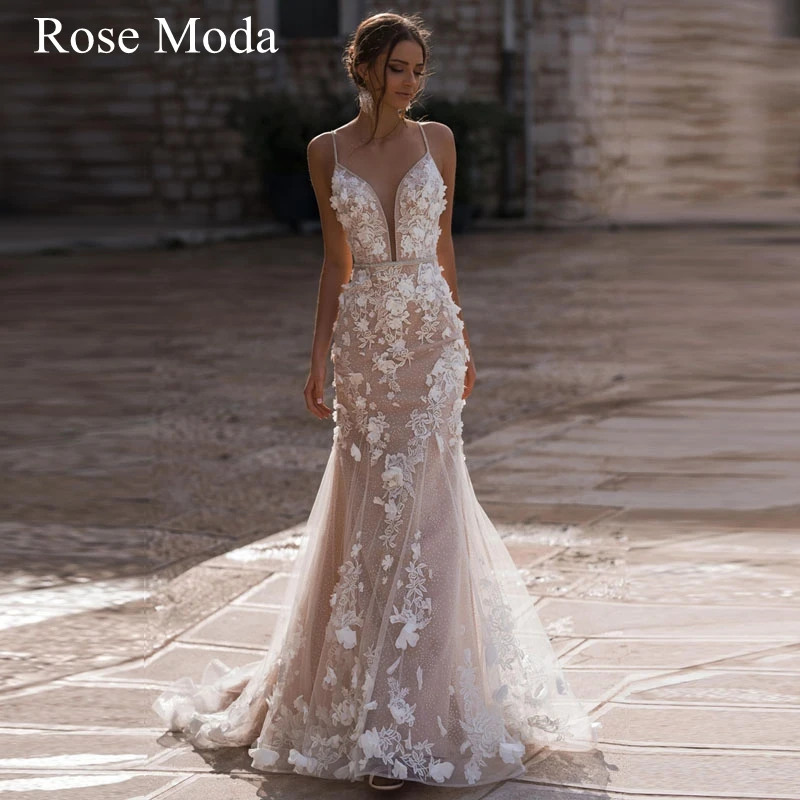 

Rose Moda Illusion Deep V Neck 3D Floral Lace Mermaid Wedding Dress Boho Bridal Gown Custom Make