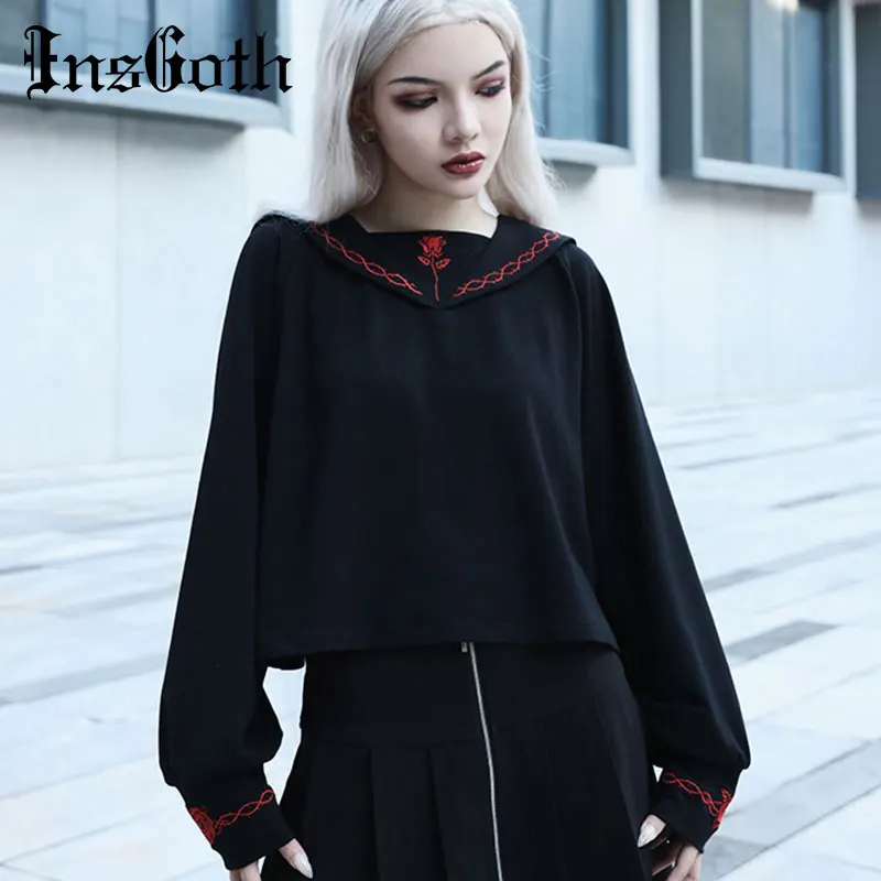 InsGoth Harajuku Свободная Женская толстовка готический черный свитер с капюшоном корейский Повседневный коллаж Ветер вышивка леди пуловер Толстовка