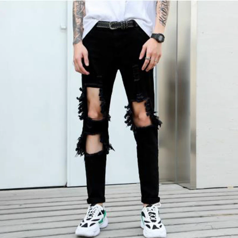Men's jeans Spring/summer European-American beggar pants ripped pants men's slim skintight slacks hip-hop punk black hole pants