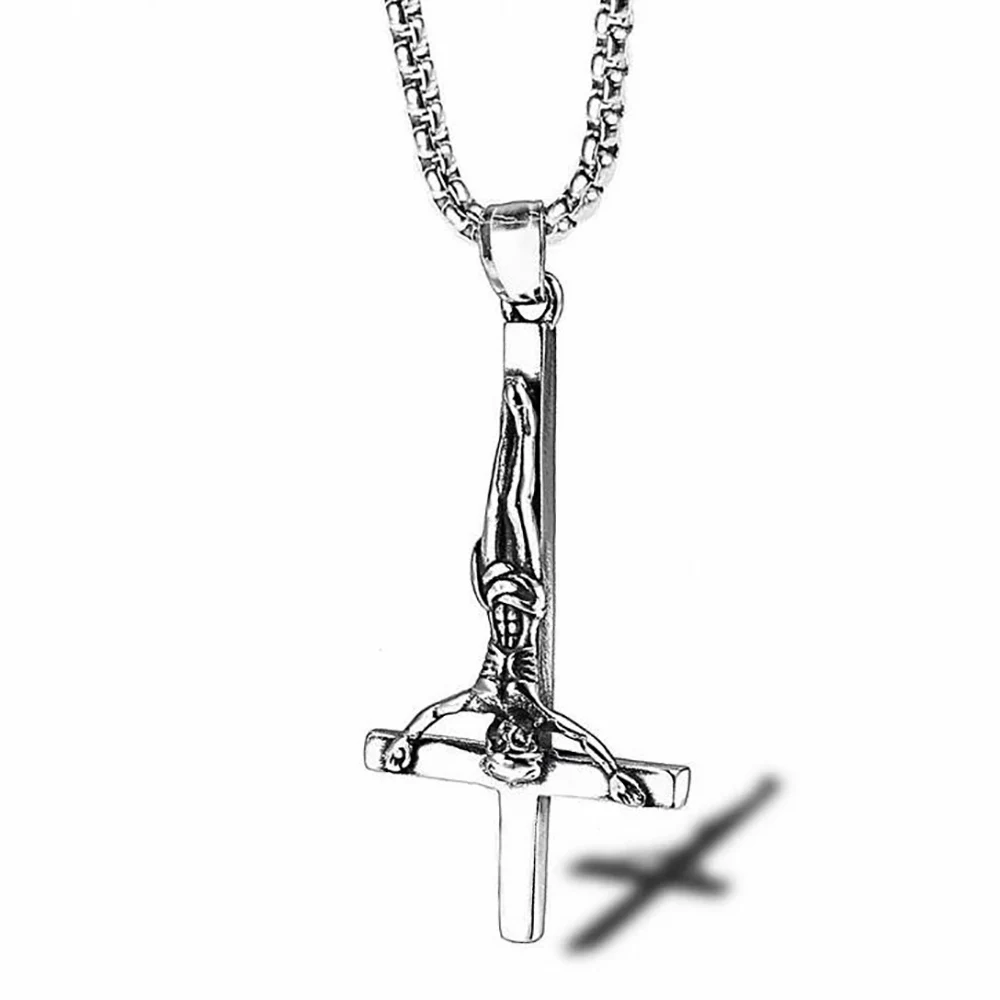 Stainless Steel Satan Christ Jesus Gold Inverted Cross Pendant Necklace Men's Church Best Gift For Him with Chain