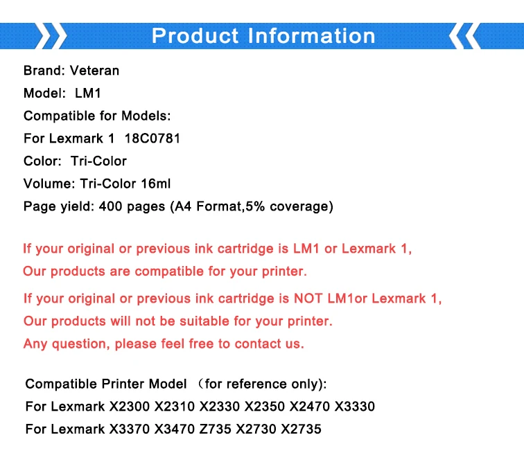 Чернильный картридж Veteran для принтера Lexmark 1 X3470 X2300 X2310 X2330 X2350 X2470 X3330 X3370 Z730 Z735 X2730