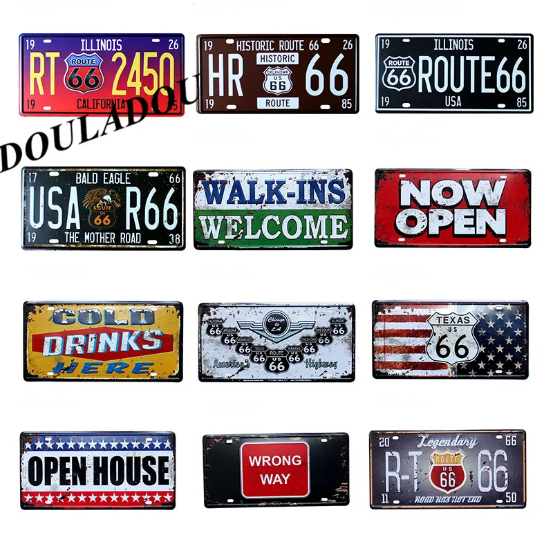 

[Douladou] USA Route66 Mother Road Painting Welcome Pub Cafe Hotel Decor Vintage Style Party Poster Texas Room Signs 30x15CM
