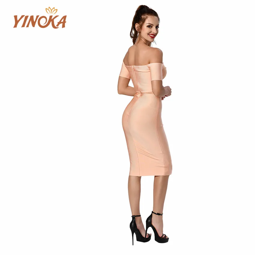 

Yinoka 2020 dresses women bodycon bandage off shoulder orange sexy party club lastest dress
