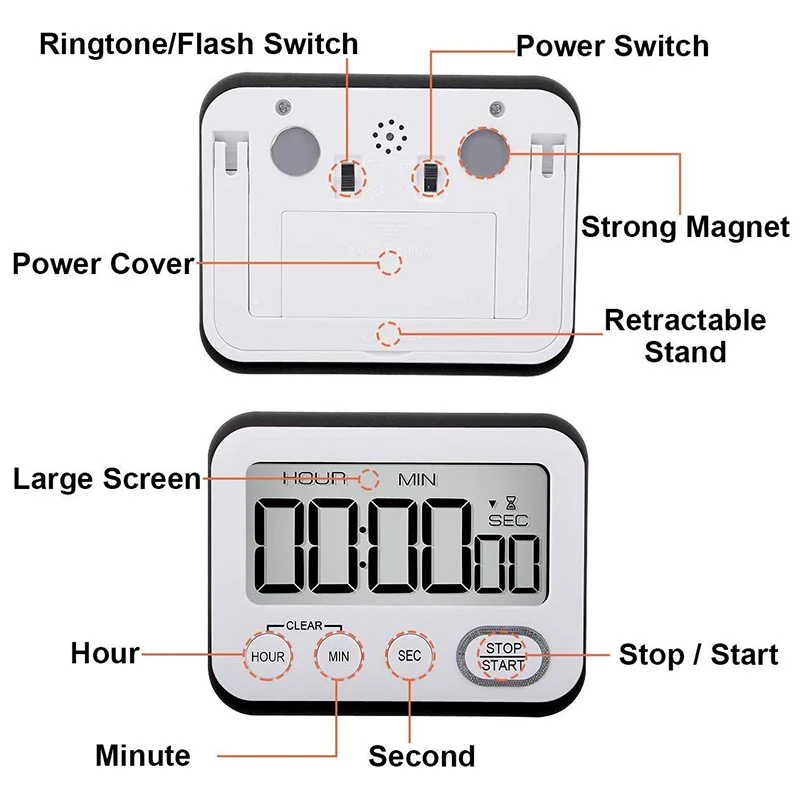 

Digital Kitchen Countdown Timer: Teachers Classroom Counter Large LCD Loud Magnetic Clip Kids Simple Clock Mini Small Stopwatch