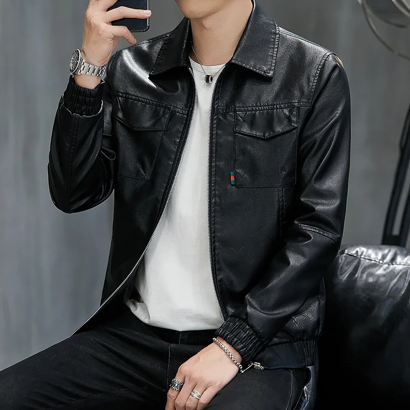 

2021 new spring Korean version of the trendy men's jacket leather gown lapel locomotive pew casual slim sports jacket men's