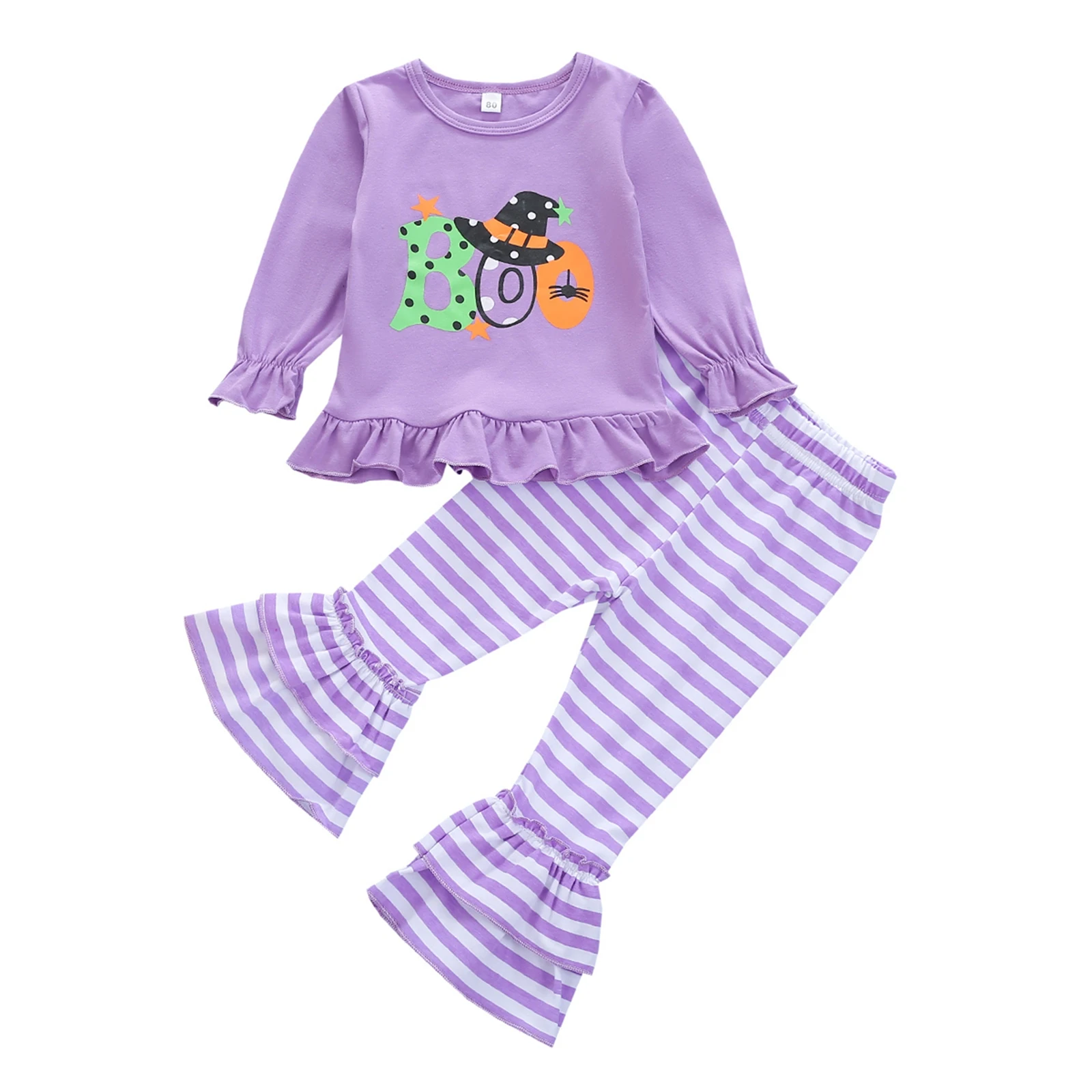

Autumn Spring Fall Kids Baby Girl Clothes Halloween Suits T-Shirt Striped Ruffles Flare Trousers Girl Sets 1-6Years