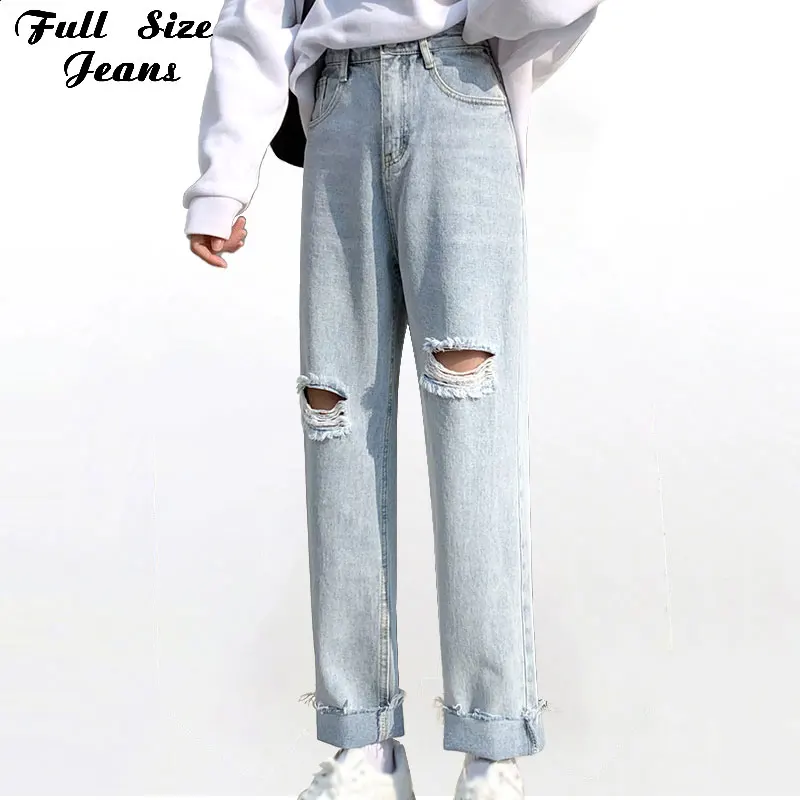 

Pants Women Plus Size Hemming Ripped Holes Denim Mom Jeans 5Xl Street Boyfriend Light Blue 90's Girl'S Casual Baggy Jean Harem