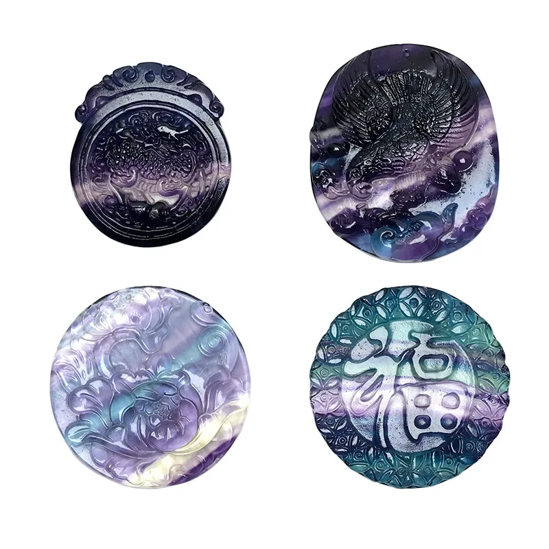 Естественная красочная круглая флюоритовая подвеска резные цветы Фу-слово