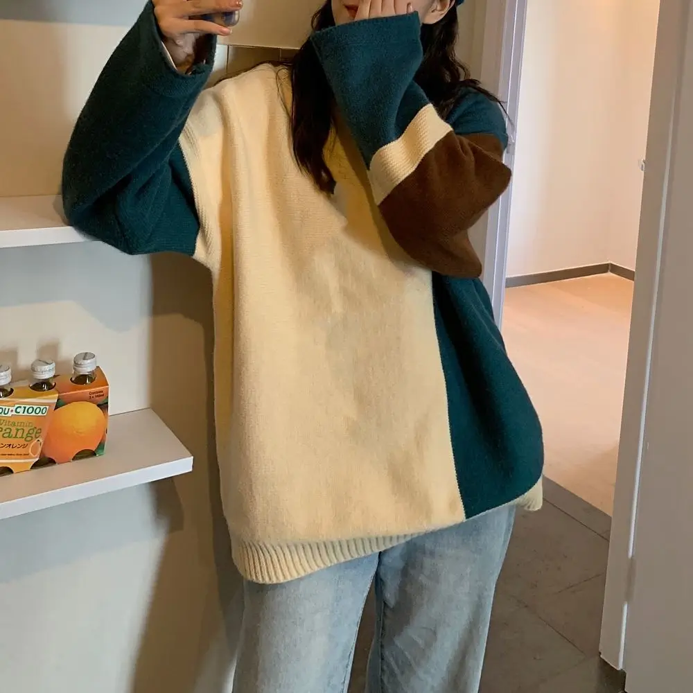 

ins Korean version of new thick retro stitching color knit sweater Chic Korean style loose student women's coat