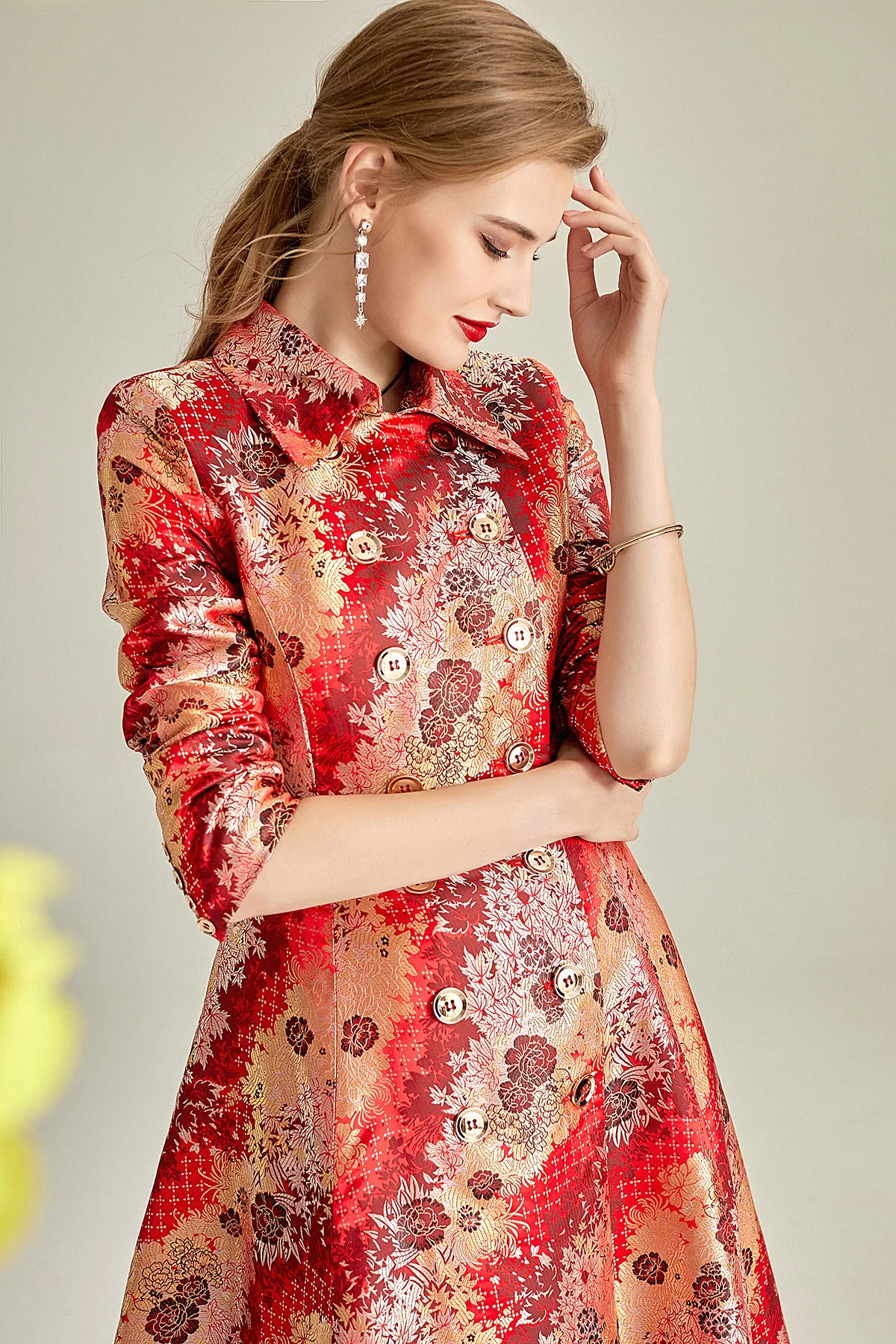 2020 Spring Women New Fashion Jacquard Dress Turn Down Collar Long Sleeve Double Breasted Big Swing Mid-Calf Vintage Coat Y121 | Женская