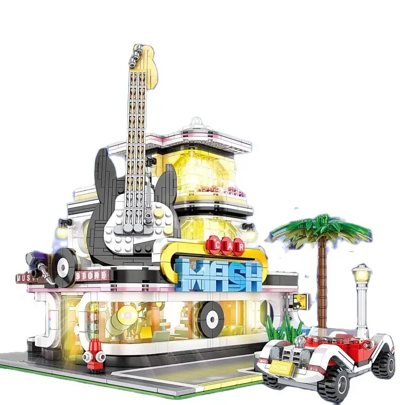 

Street View series 16002 guitar House with full set of light puzzle assembling combination small particle building blocks