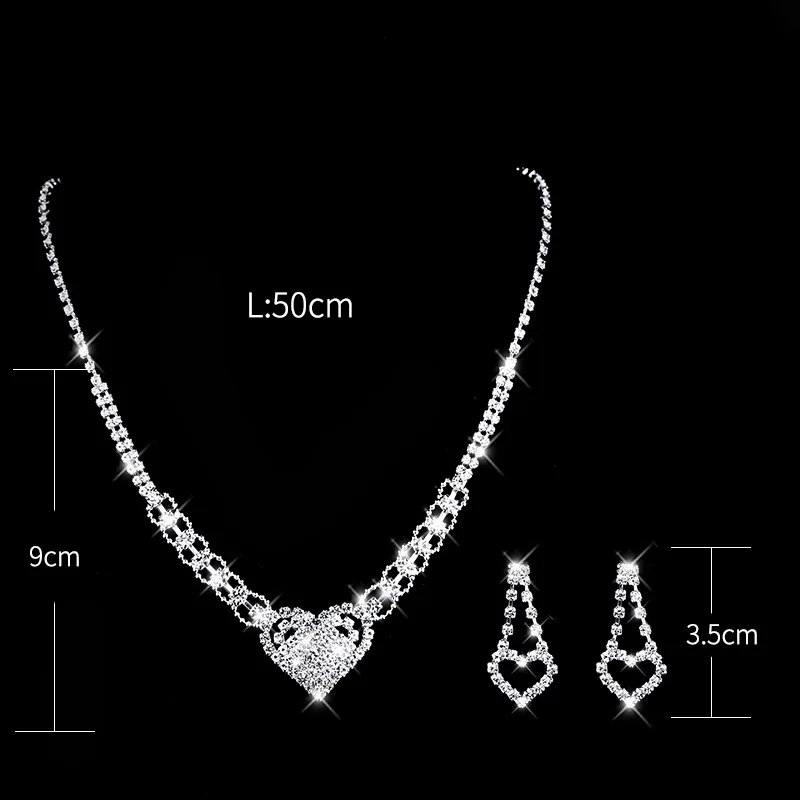 

CSHOU202 Romantic Love Peach Bride Set Chain Shiny Crystal Wedding Set Necklace Earrings 2-Piece Set
