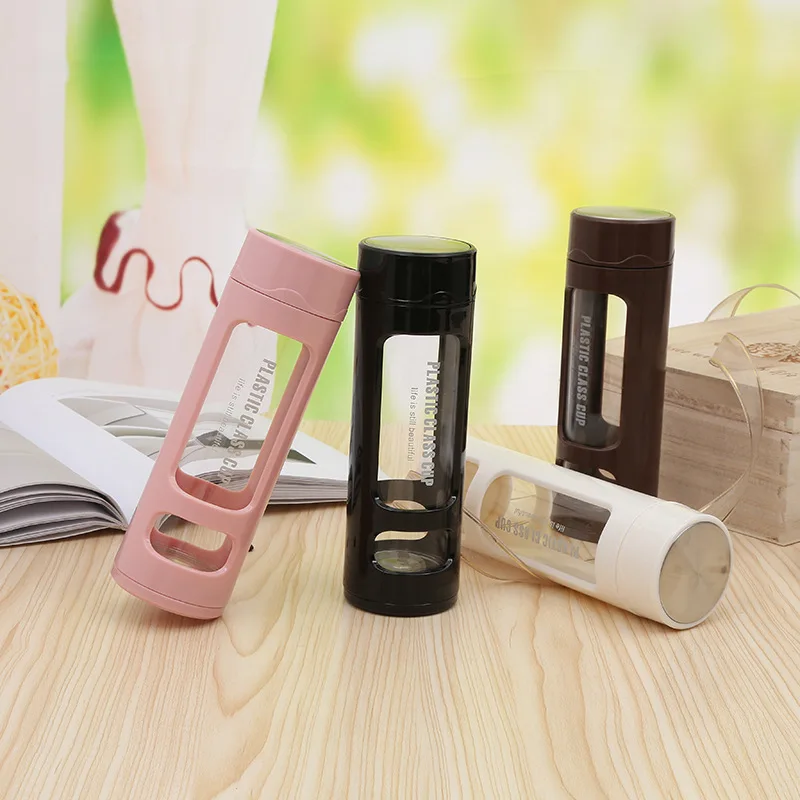 

380ml Anti-fall Glass Water Bottle Leakproof Flat Wide Mouth Drinkg Cup Borosilicate with Tea Filter Plastic Cover and Screw Cap