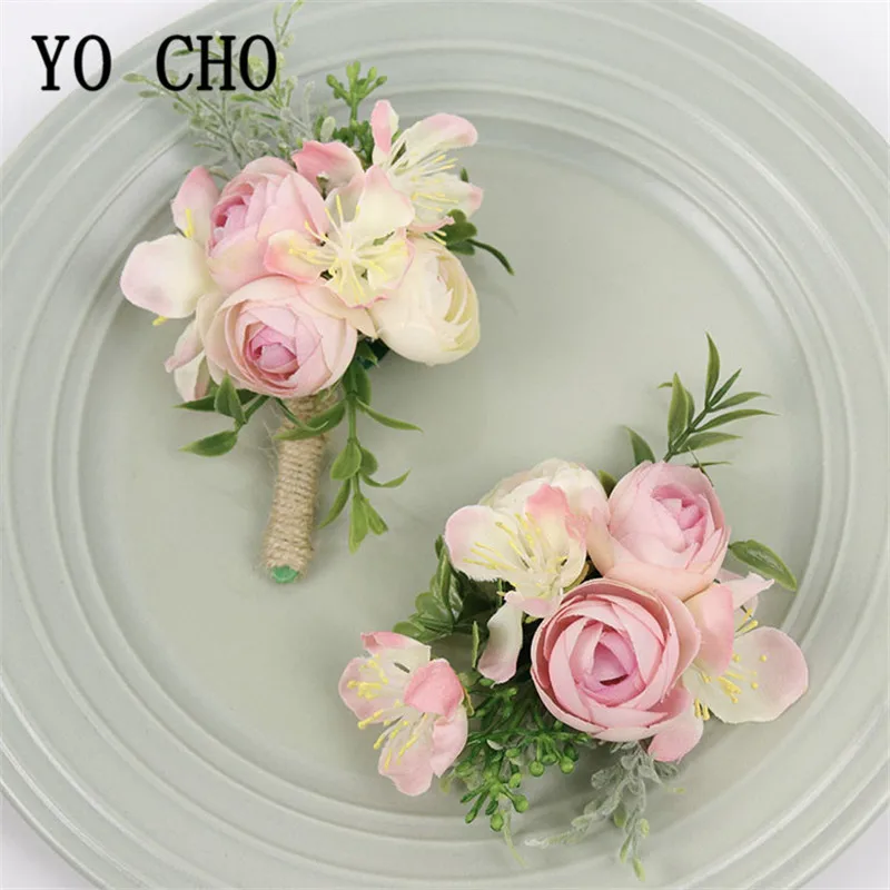YO CHO White Silk Rose Groom Boutonniere Wrist Corsage Bracelet Bridesmaids Flower Wedding Groomsmen Buttonhole Prom | Дом и сад