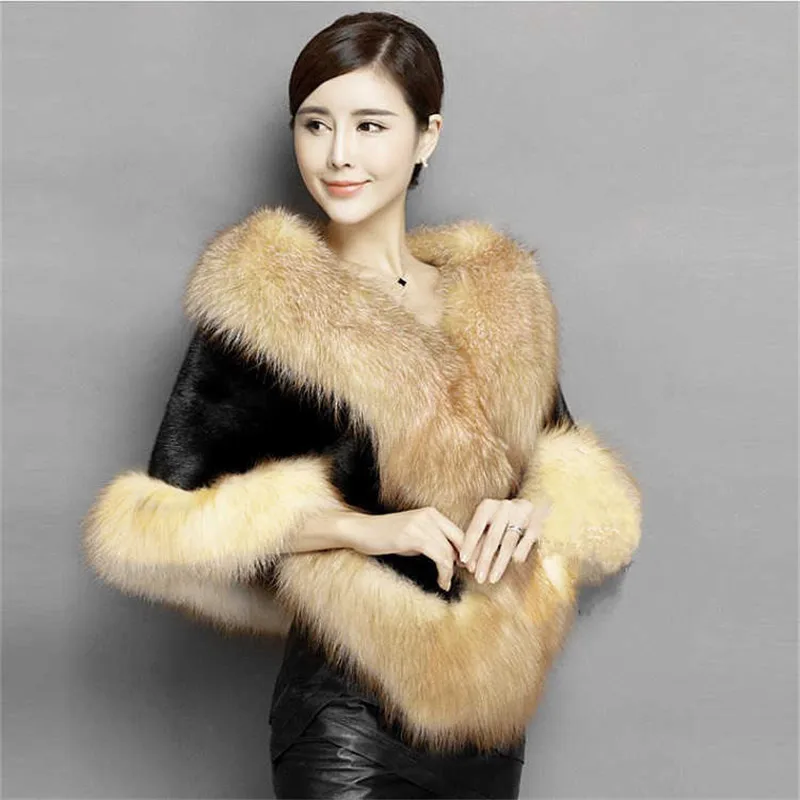 Winter Ladies' Genuine Knitted Mink Fur Shawls Fox Fur Collar Women Fur Pashmina Wraps Bridal Cape Coat Jacket