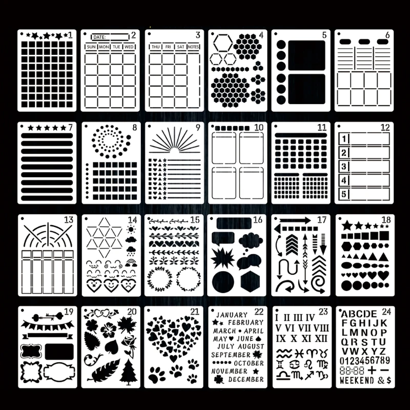 

24 Pack Journal Planner Stencils, Reusable Bullet Stencils Set for A5 Notebook & Most Journals, Includes Letter Stencil, & P9JD