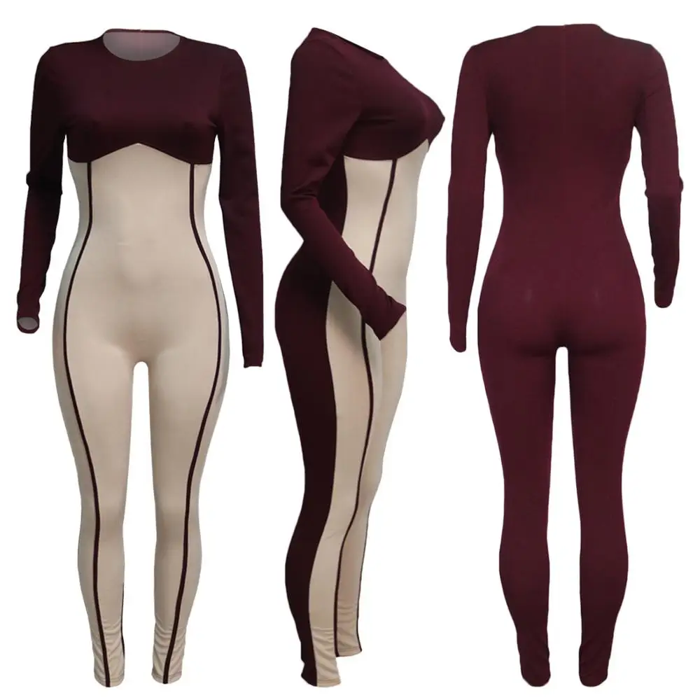 

2021 Hot Sale Fashion Women Jumpsuits Patchwork O-Neck Long Sleeves Soft and Warm Skinny Rompers High Quality Female Rompers