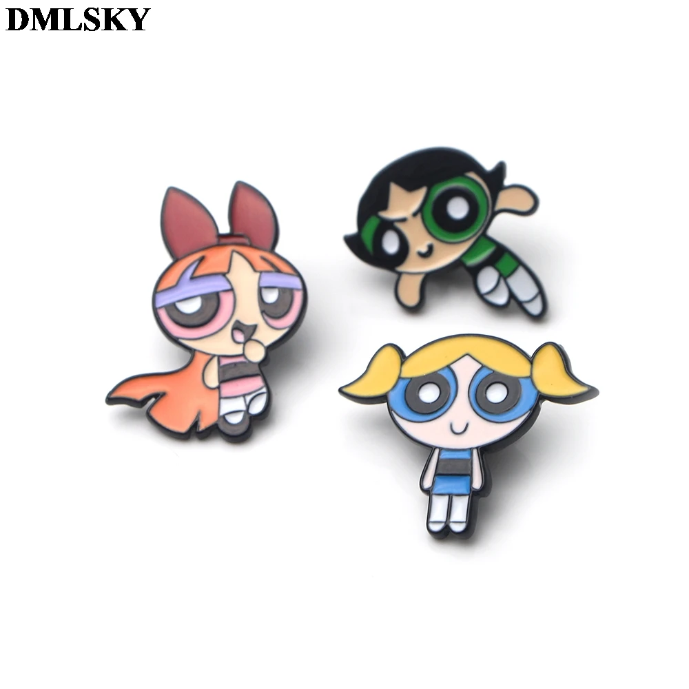 DMLSKY мультфильм каваи Powerpuff девушки булавки Одежда брошь на рюкзак Значки для женщин мужчин галстук булавка шляпа Металлические Булавки M2013