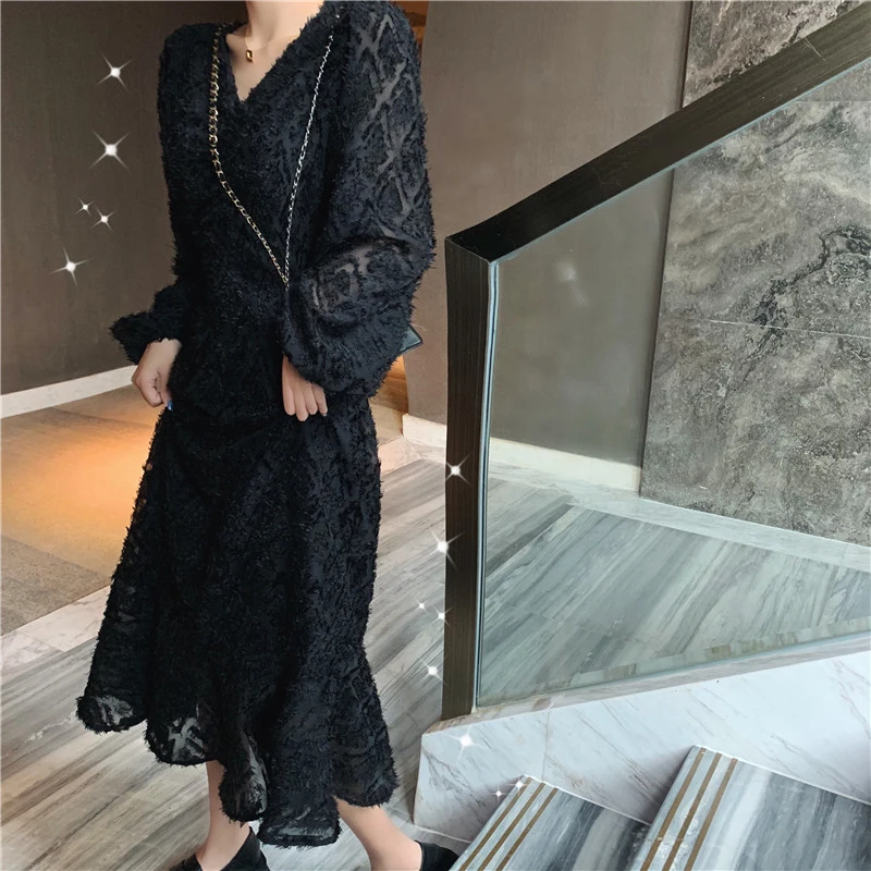 

French Full Sleeve Long Trumpet Dress Spring Warm Women V-Neck Fairy Dress 2021 Wedding Party Evening One-Piece Clothing Ladies