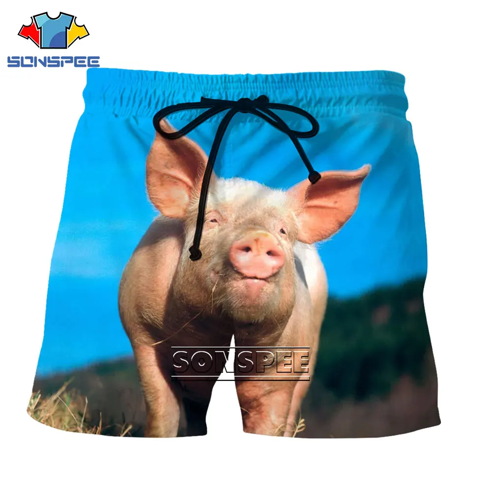 

SONSPEE 3D animal smile pig print beach shorts guitar sky funny gentleman pig loose oversized summer fashion shorts