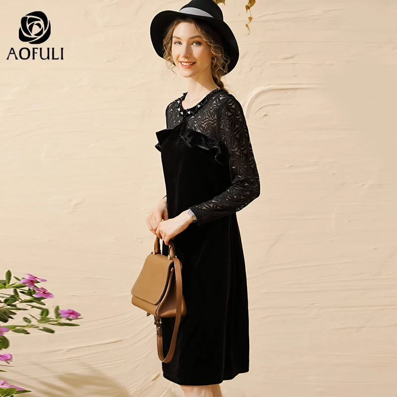 Женское вельветовое платье AOFULI B6212 зимнее велюровое с цветочным принтом на