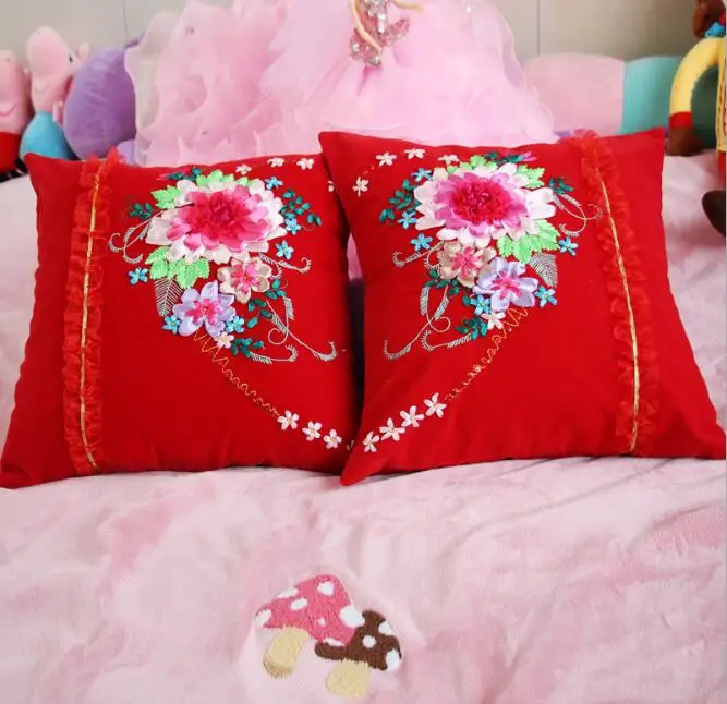 

45X45cm Happy pillow Ribbon embroidery kit pillow cover set handcraft DIY handmade needlework art home decor