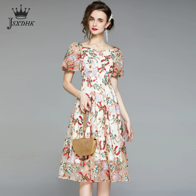 

Высокое качество, кружевные, с вышивкой в виде цветов, женское летнее Повседневное платье 2021New элегантный винтажный буф рукава вечерние пла...