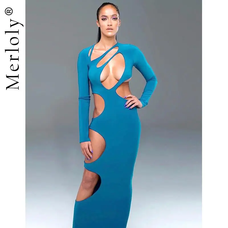 

Long Sleeve Diagonal Collar Slim Maxi Elegant Party Dresses For Women 2021 Autumn Women's Sexy Hollow Out Bodycon Club Dress
