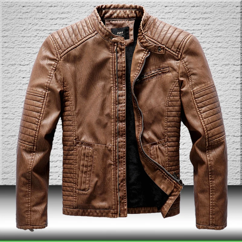 Мужская кожаная куртка плиссированная флисовая теплая верхняя одежда на осень и