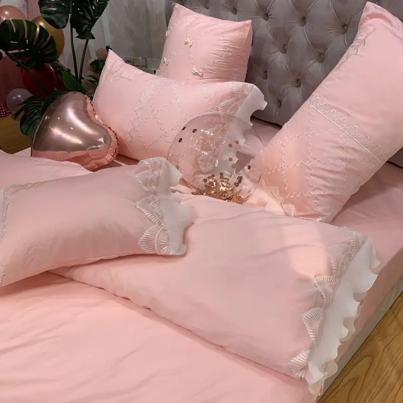 

Silky Soft Egyptian cotton Pink Bed sheet Duvet Cover King Size Queen Bedding set Luxury Lace Bed set ropa de cama/linge de lit