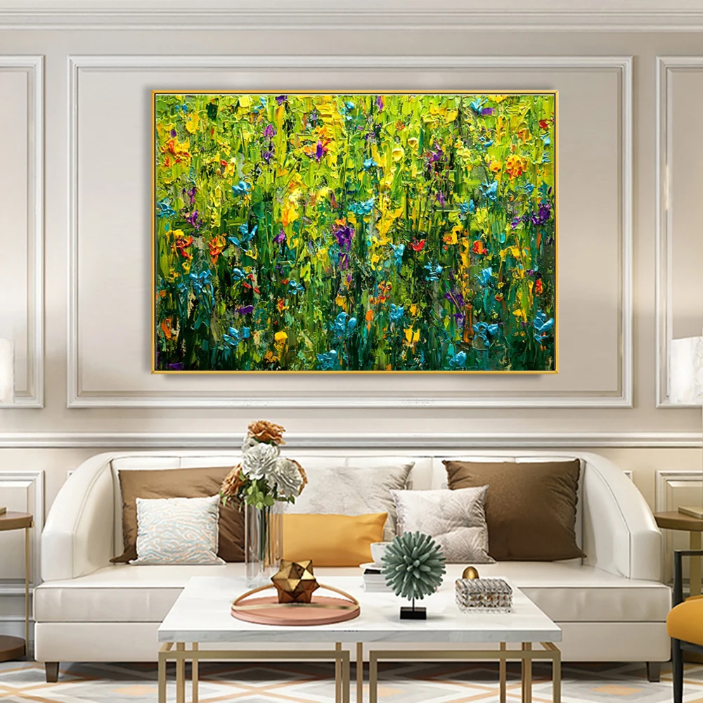 

Hand Painted Abstract Flower Green Leaf Oil Painting Plant Mural Knife Thick Texture Canvas Paintings Living Room Wall Decorate