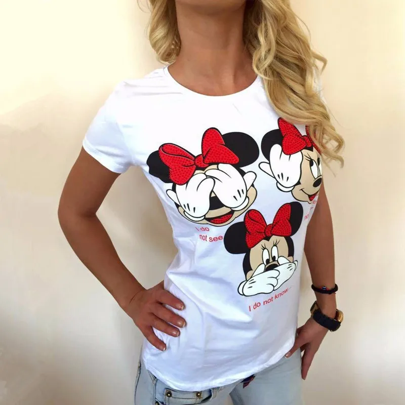 Three Mickey Mouse Print Women T shirt Cartoon Summer Top Ladies T Shirt Graphic Female Tee T-Shirt Disney Womens Clothing