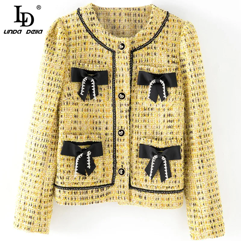 

LD LINDA DELLA New 2021 Fashion Autumn Winter Streetwear Tweed Jackets Women's Long Sleeve Gorgeous Beading Pockets Elegant Coat
