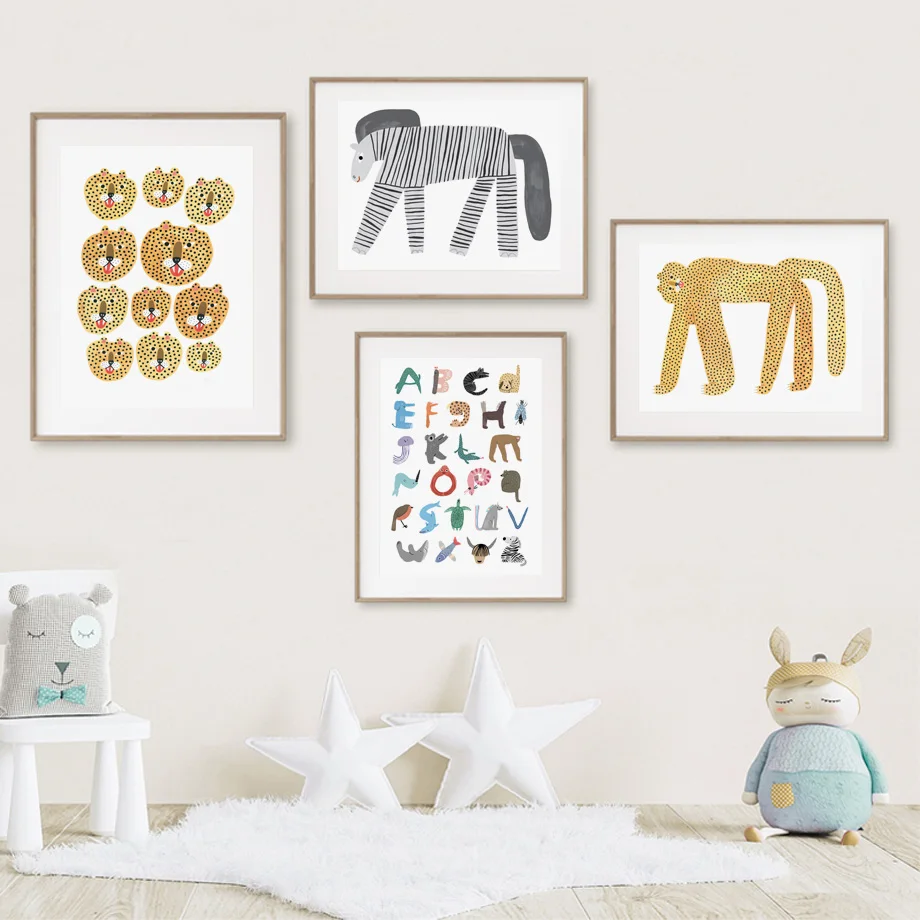 Тигр Леопард коала крокодил Алфавит скандинавские плакаты и принты настенная
