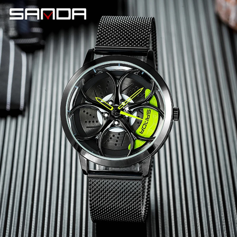 

SANDA Men's Watch Car Rim Hub Dial Male Watch Skeleton Men Black Waterproof Watch Stainless Steel Quartz Relogio Masculino P1070