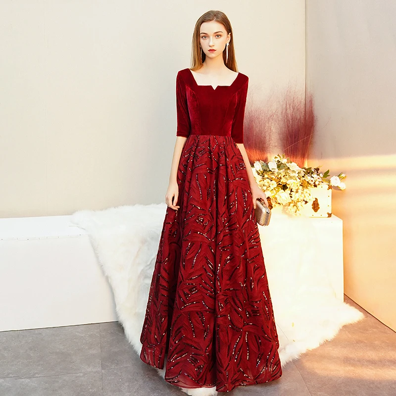

AE662 Robe De Soiree New V Neck Long Evening Dresses Sexy Luxury Wine Red Sequin Formal Party Dress Prom Gowns