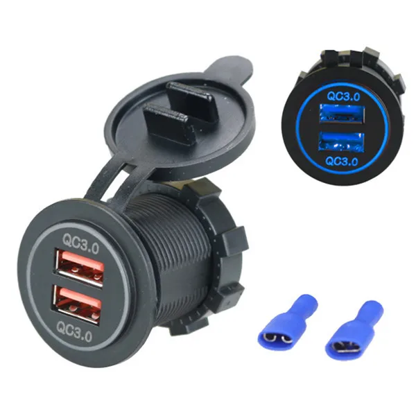 Blue 12V 24V мотоциклов Мини Dual USB QC 3,0 салона автомобиля Зарядное устройство быстрой зарядки красный/зеленый/синий светодиодный светильник подходит для ваш мобильный телефон или планшет, даже во время отдыха на природе Автомобильный видеорегистратор - Цвет: Blue