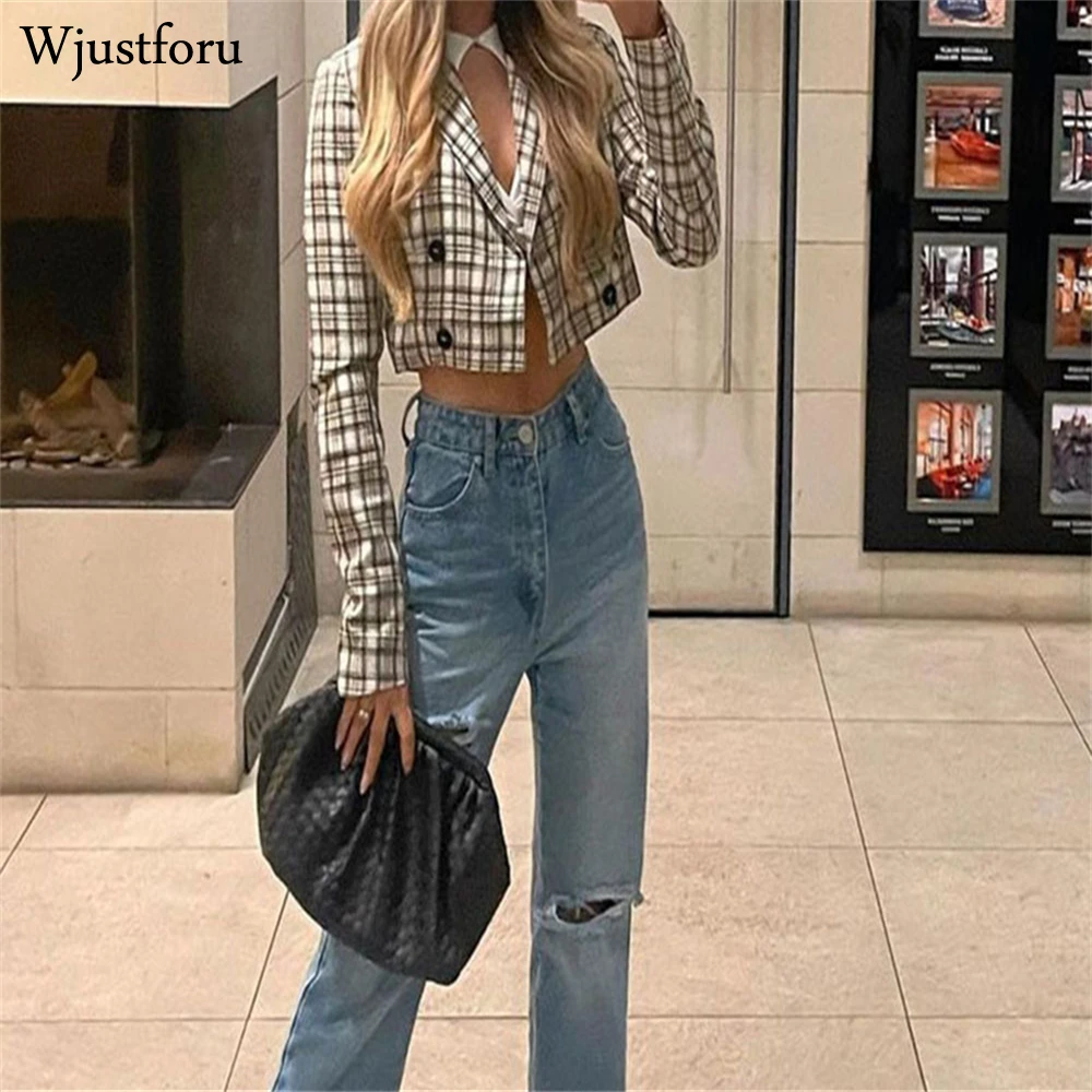 

Wjustforu Elegant Plaid Print Crop Blazer Women Bodycon Long Sleeve Party Club Clothes Fashion Streetwear Autumn Sexy Coat