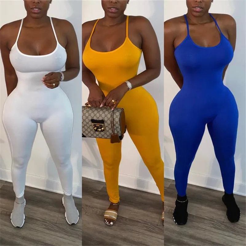 

Women Sexy Summer Playsuit Bodysuit Stretch Romper Top Slim Fit Casual Plain Jumpsuit Pants Sling Backless Fitness Tracksuit Set