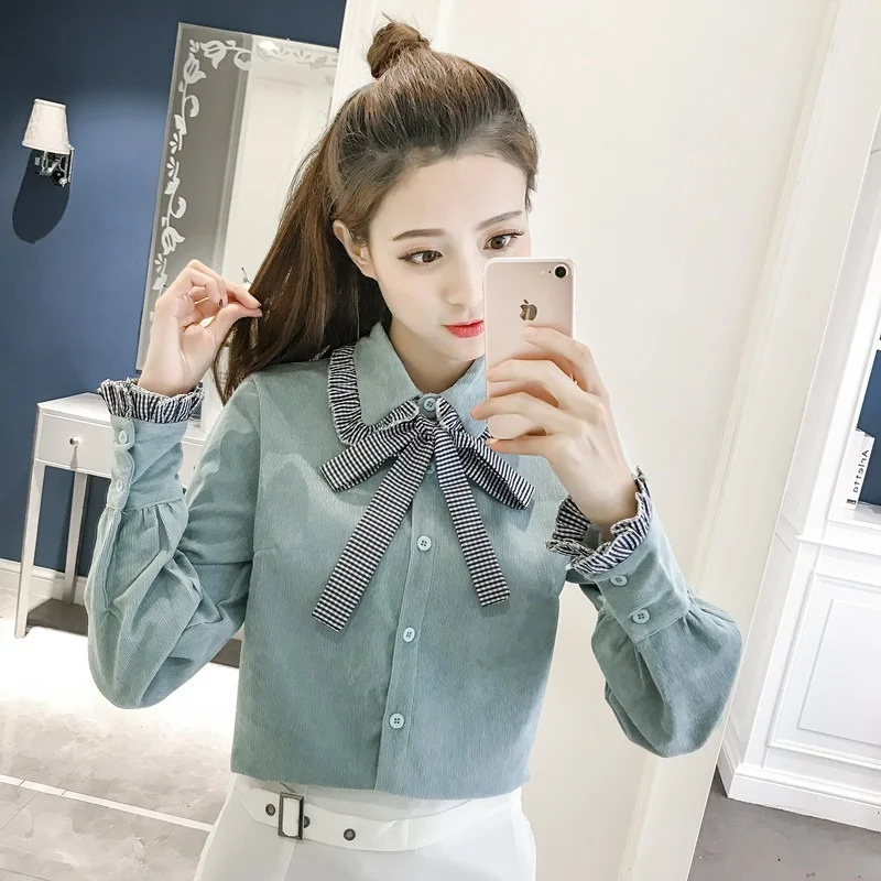 

Corduroy Women Blouses Shirts Tunic Womens Tops and Blouses 2022 Women's Long Sleeve Clothing Lace Up Button Loose New X373