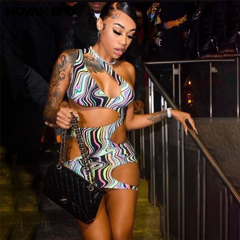 

NOVAINSPO Psychedelic Print Cut Out Party Dresses Skinny Midnight Clubwear One Shoulder Women Outfits Sexy Tank Mini Dress 2021
