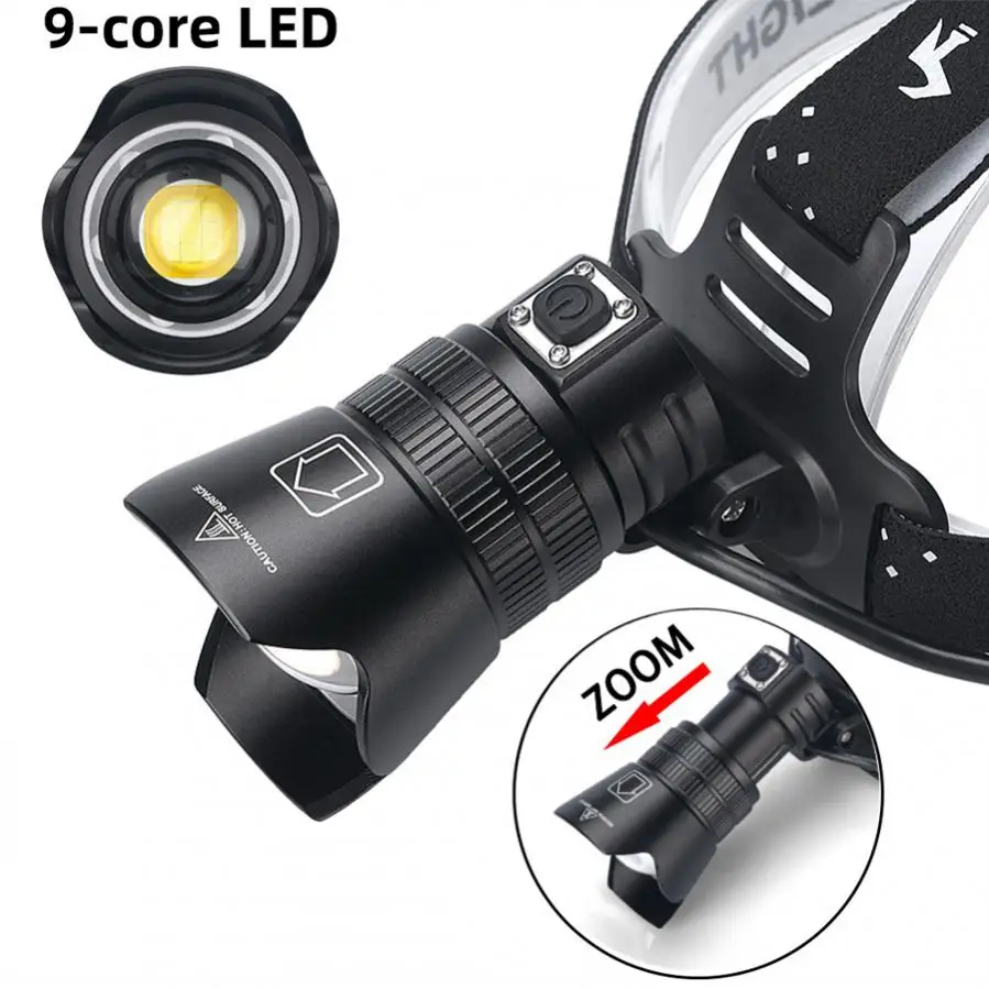 

9-Core XHP100 Powerful Zoom Led Headlamp Rechargeable 18650 USB Head Lamp with 3 Mode Light and Power Display Headlight