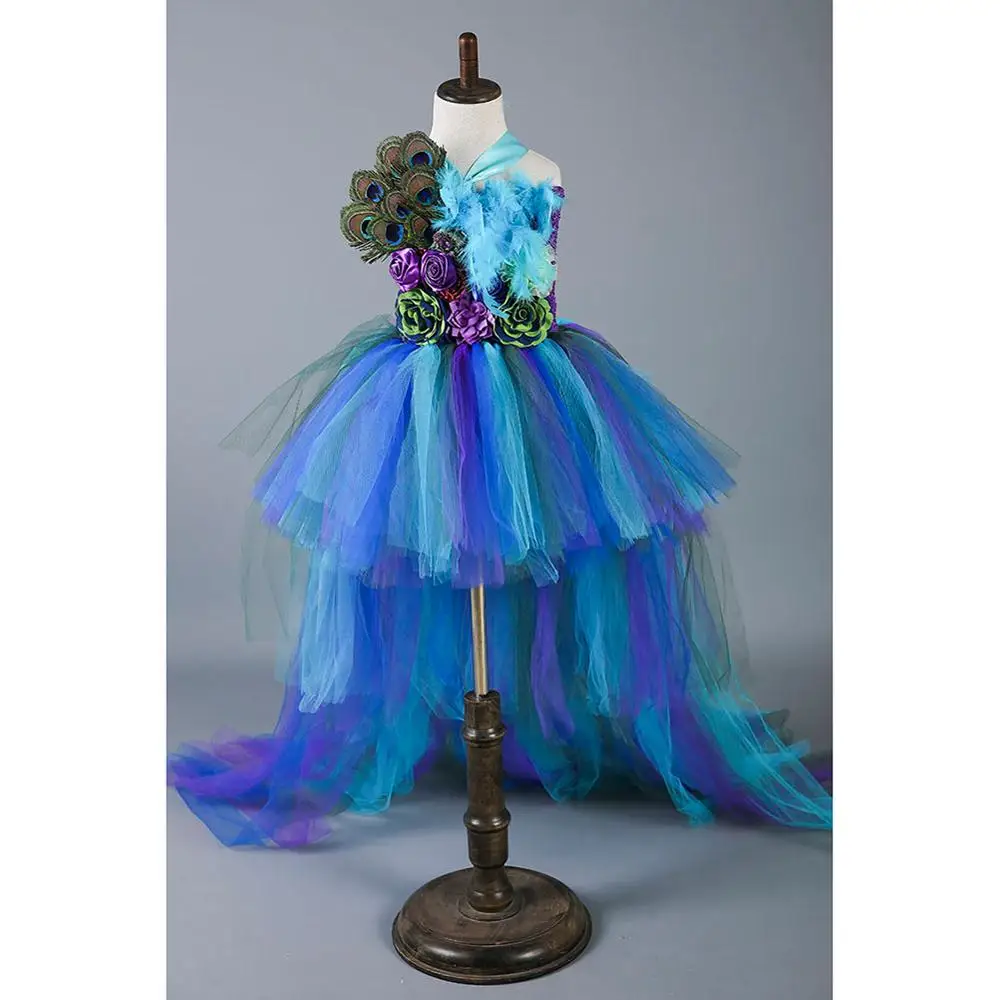 Girls Peacock Dress Elegant Princess Peacock Feather Dress for Girls Tutu Dress Long Tail Girls Party Dress Kids Flower Christmas Dress Girl Clothes - Цвет: Girls Peacock Dress